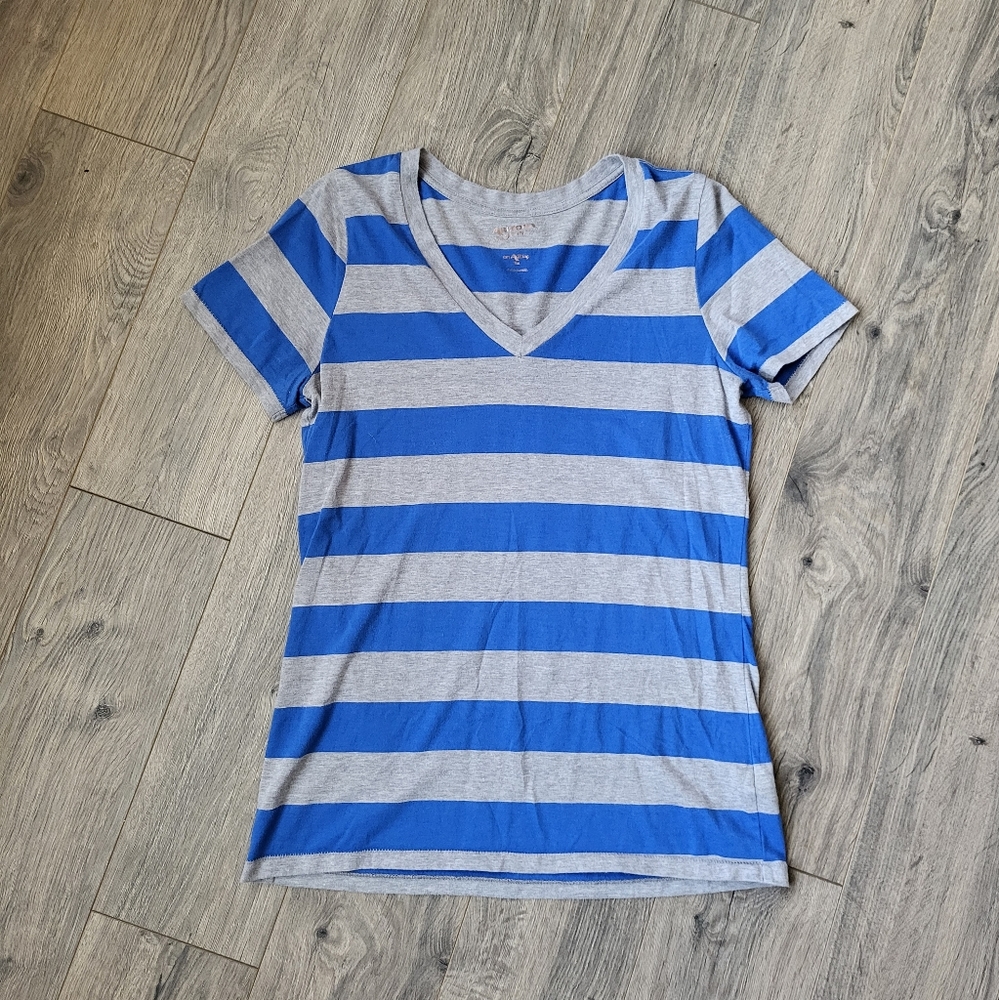 Arizona Jean Company V-Neck Striped T-shirt Blue & Gray {Large}